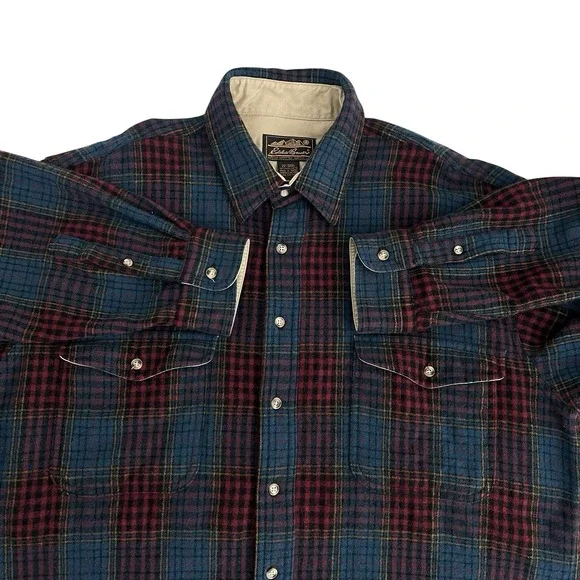 Eddie Bauer Men's XL Wool Vtg 90's Plaid Shirt Red Green Multi Outdoor - Picture 6 of 16